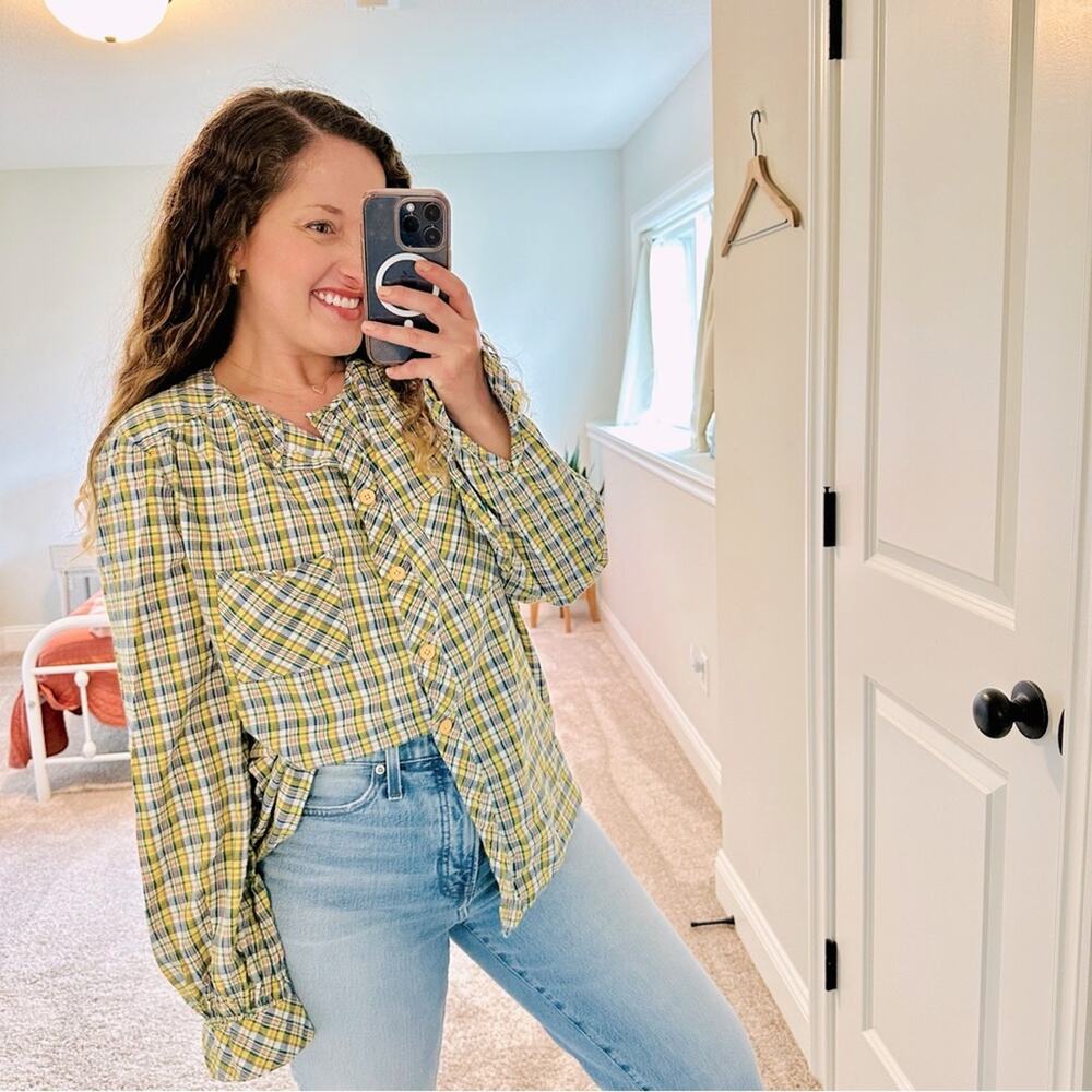 Handmade Vintage Yellow Blue Plaid Blouse Top XL